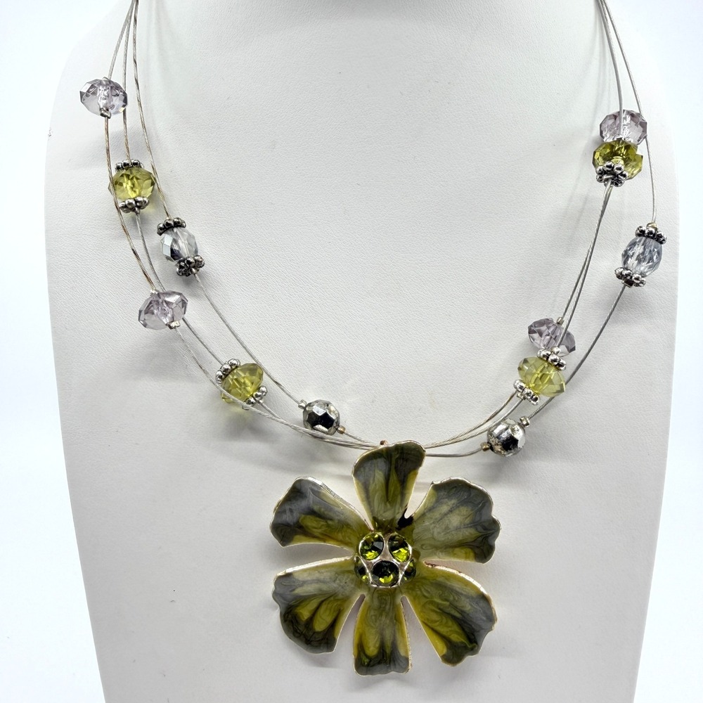 VTG Olive Green Enamel Flower Pendent Multi Strand Illusion Statement Necklace
